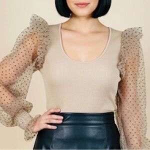 Anthro’s Dolan Left Coast Collection Tan Ribbed Knit Top Polka Dotted Sleeves